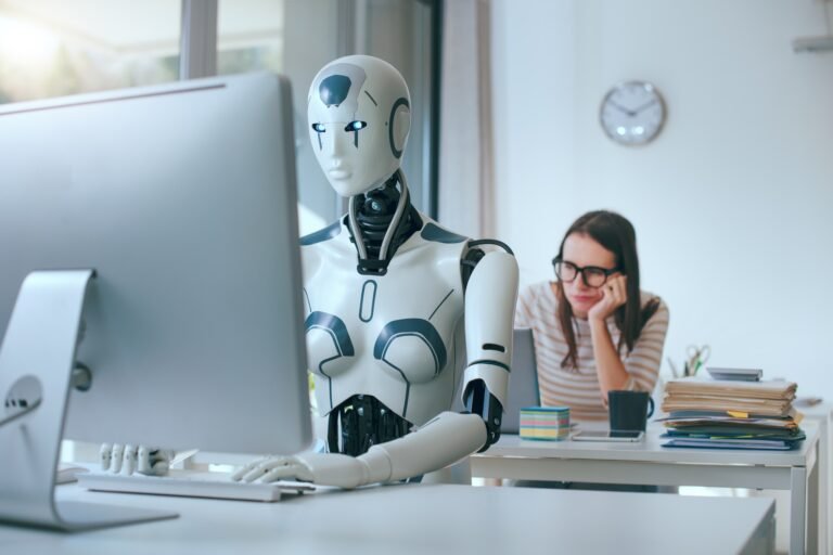 Disappointed stressed woman and AI robot in the office